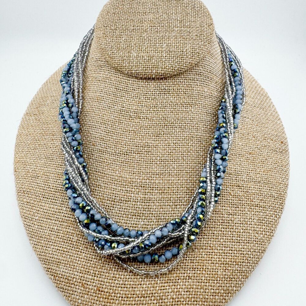 Premier Designs Necklace Layered Blue Aurora Borealis Seed Bead Strand Magnetic